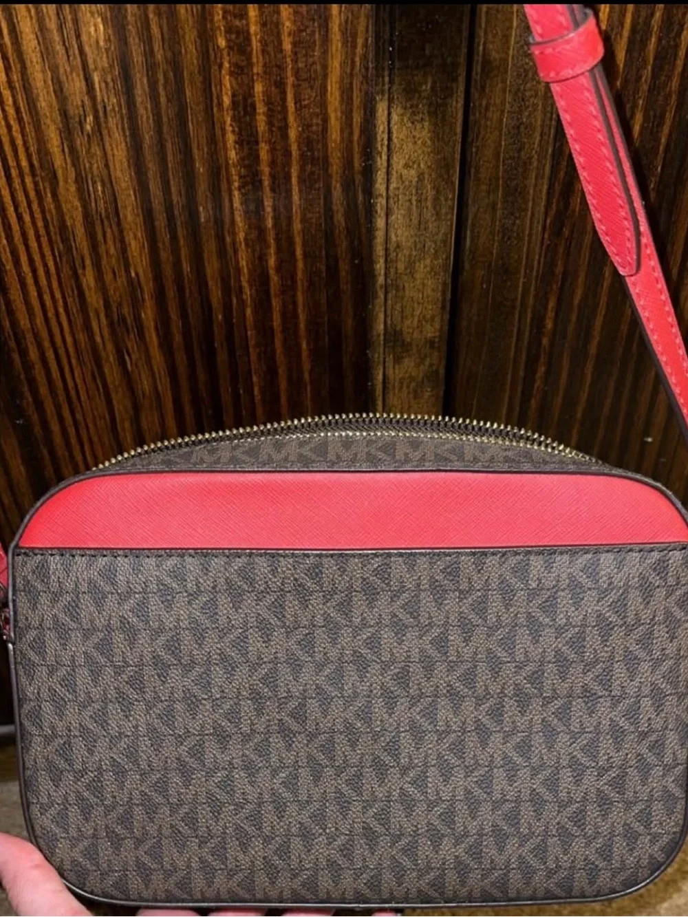 Michael Kors Brown Monogram Crossbody with Red Trim
